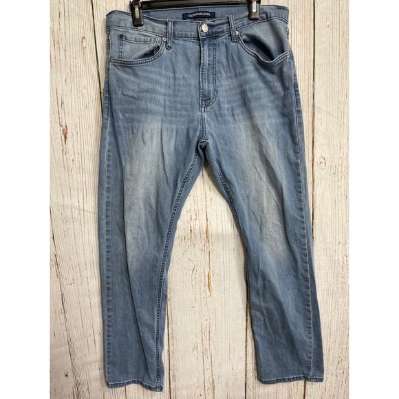 Calvin Klein Straight Jeans Men Size 34 Blue Denim Cotton Blend LIGHT STAINS - Picture 1 of 9